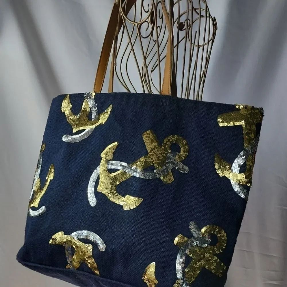 Coastal Nautical Navy Blue Jute Tote Bag Gold & Silver Sequined Anchors